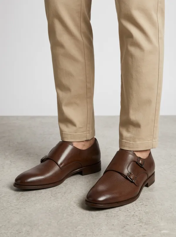 Men's Casual Business Formal Textured Leather Double Monk Strap Shoes