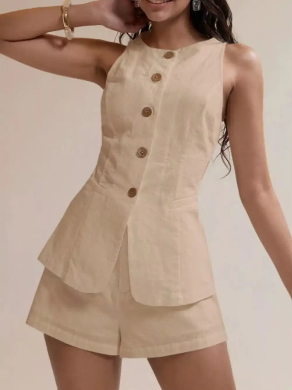 Button Down Sleeveless Top Shorts Set