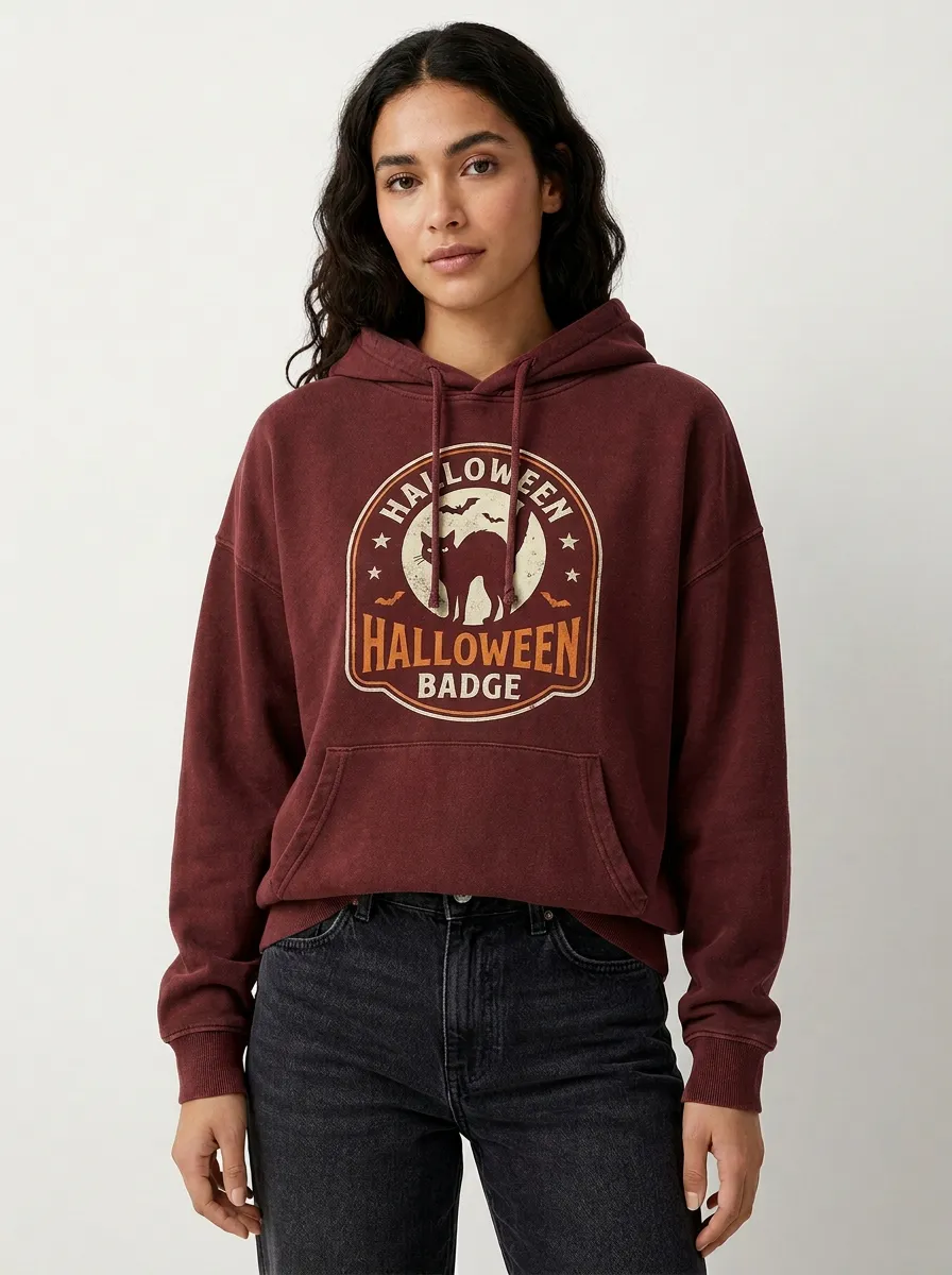 Women's Halloween Black Cat Moon Badge Printed Hoodie