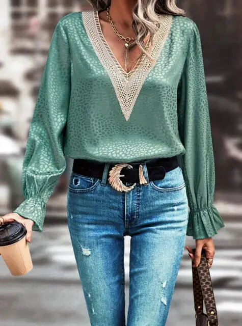 Trimmed V Neck Long Sleeve Blouse