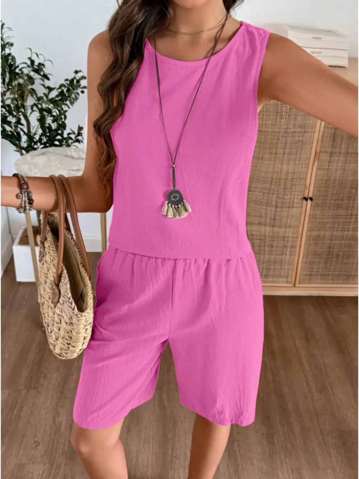 Round-Neck Shorts Matching Set
