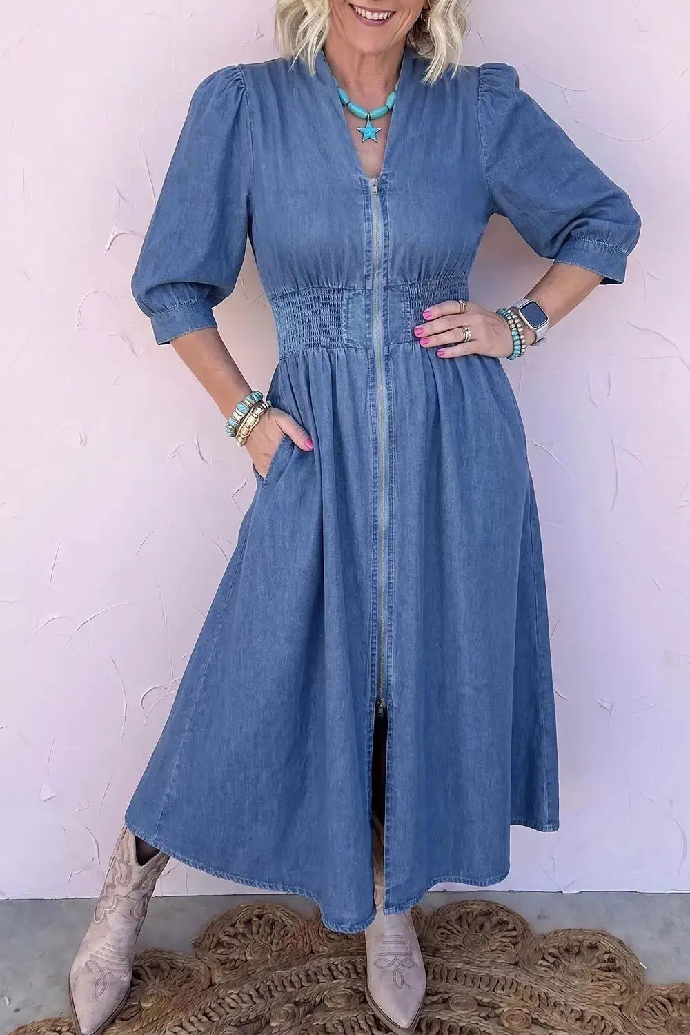 V-Neck Shirred Waist Metal Zipper Denim Midi Dress