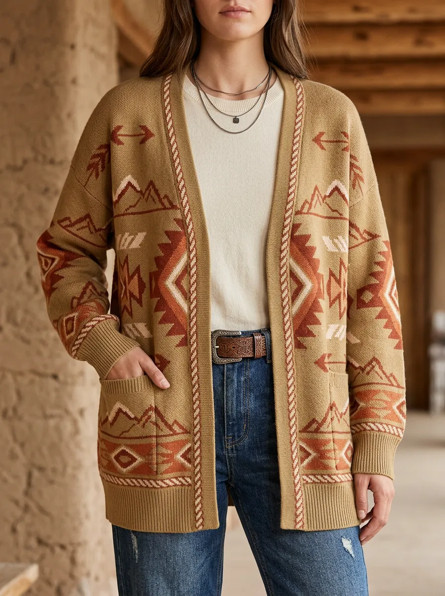 Women's Western Style Mountain Geometric Pattern Printed Cardigan