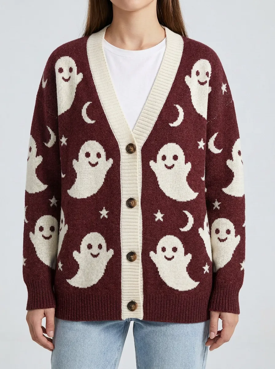 Women's Halloween Ghost Moon Star Knit Cardigan