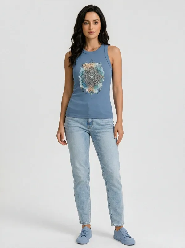 Women's Boho Mandala Celestial Printed Ribbed Tank Top