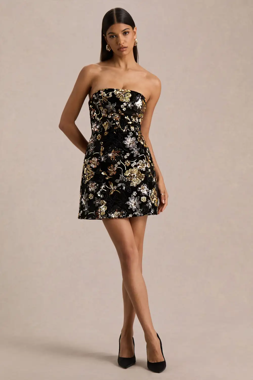Valeri | Black Velvet Bandeau Mini Dress With Bronze Floral Sequin