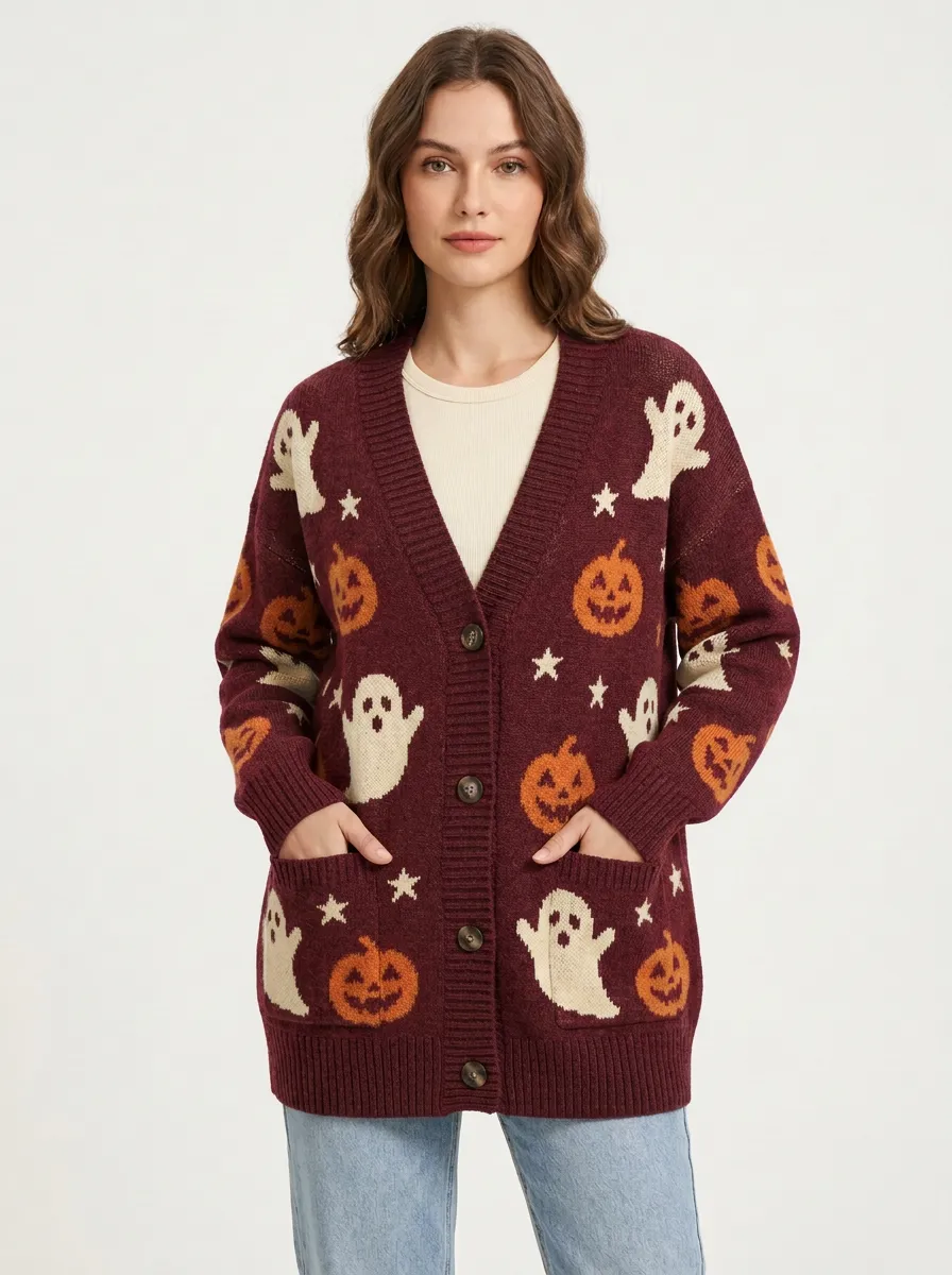 Women's Halloween Ghost Pumpkin Star Knit Cardigan