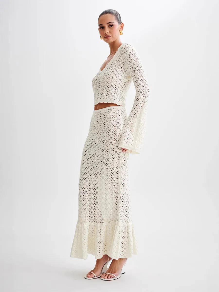 Oceane Resort Style Long-Sleeved Knitted Openwork Two-Piece Set