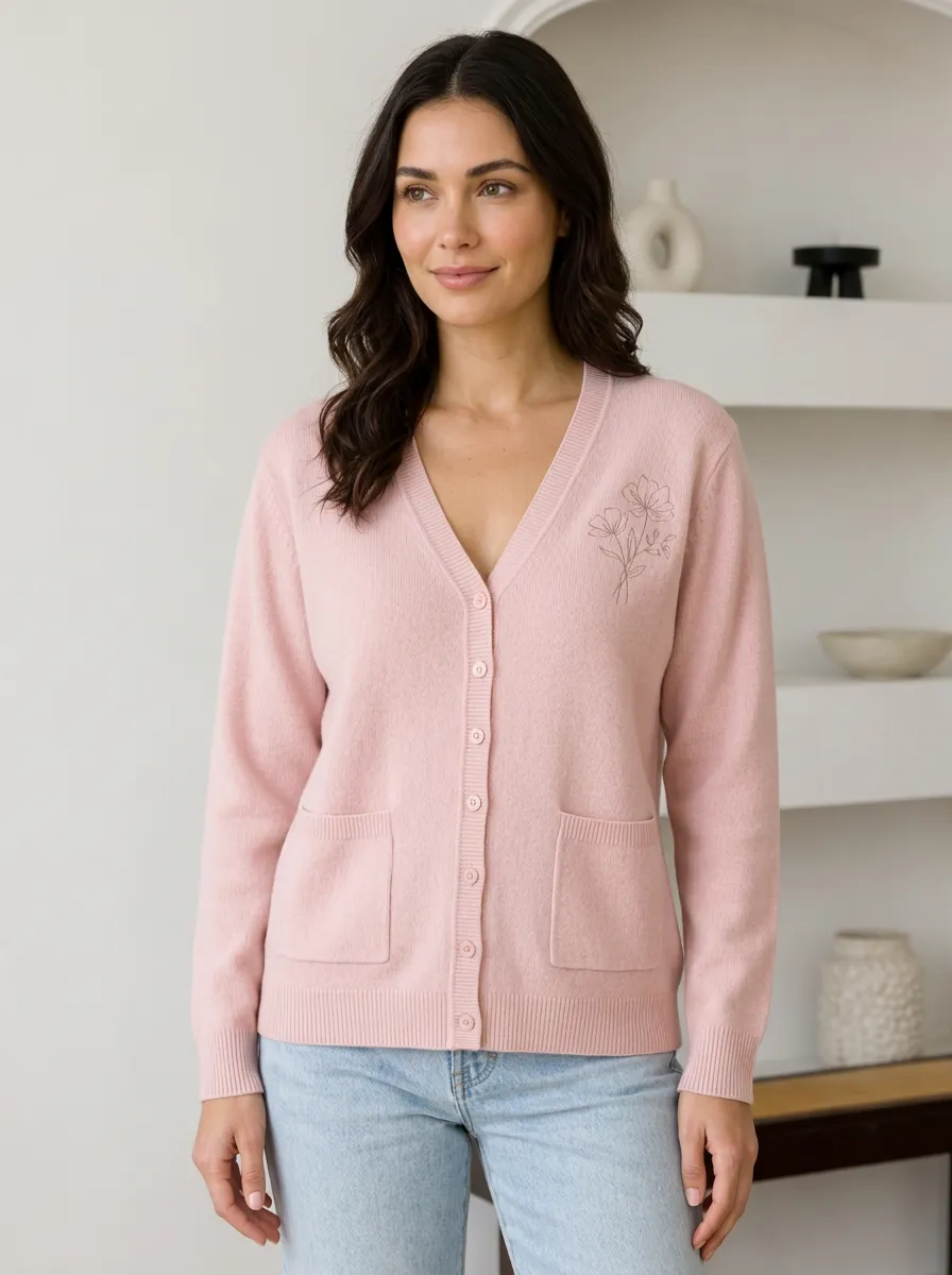 Women's Floral Minimalist Pink Printed Casual Cardigan