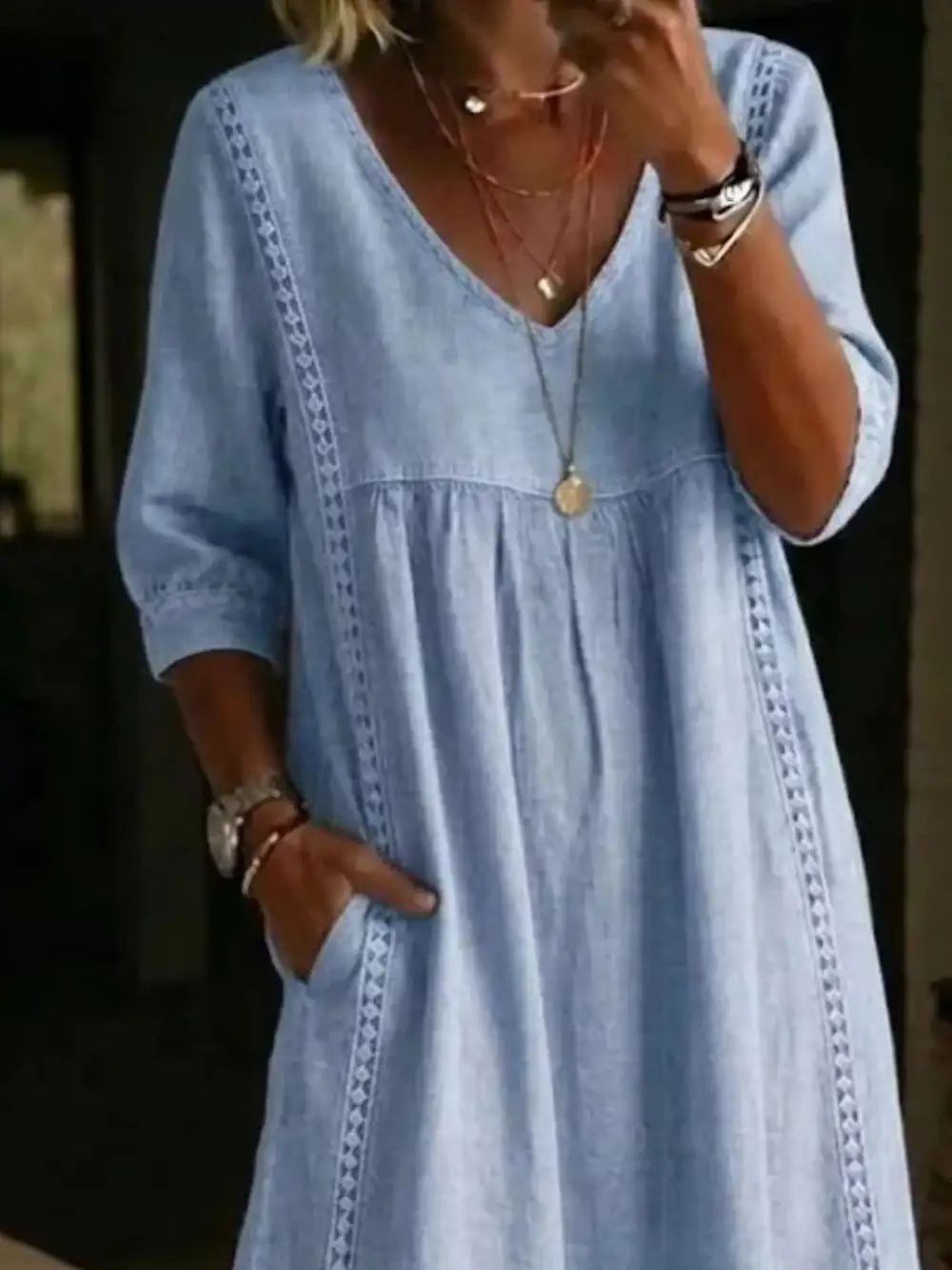 V-Neck Three-Quarter Sleeve Midi Dress