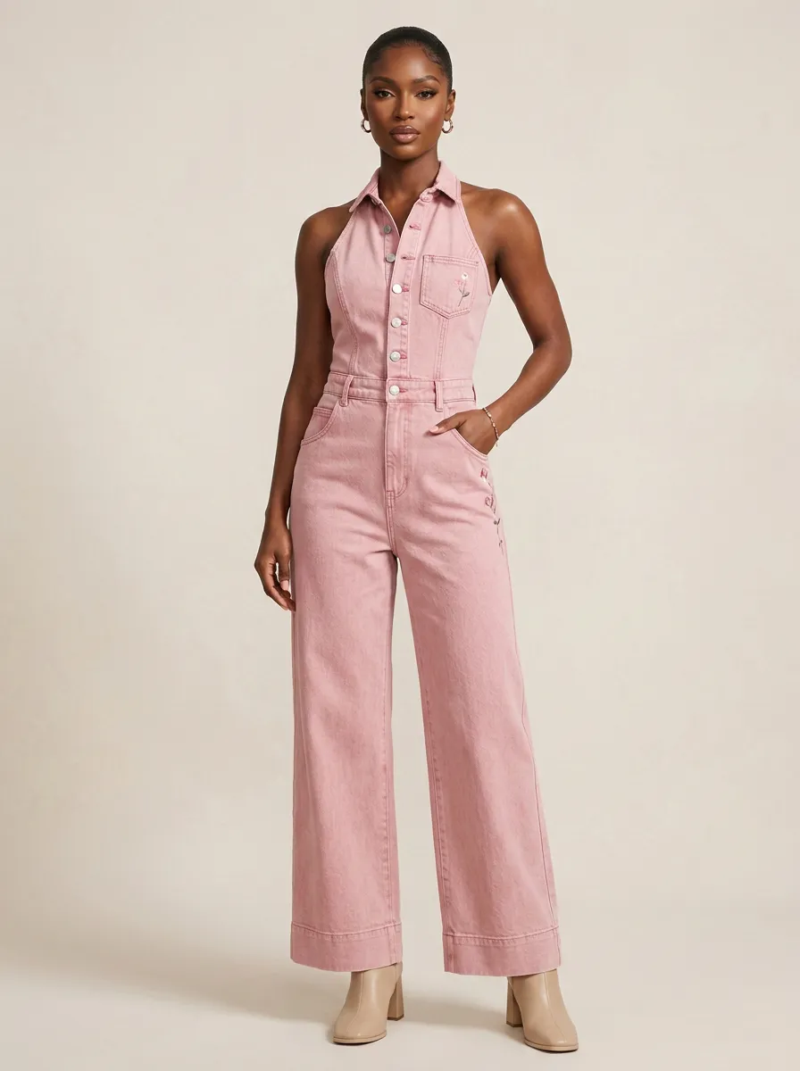 Pink Modern Floral Embroidered Halter-Neck Denim Jumpsuit