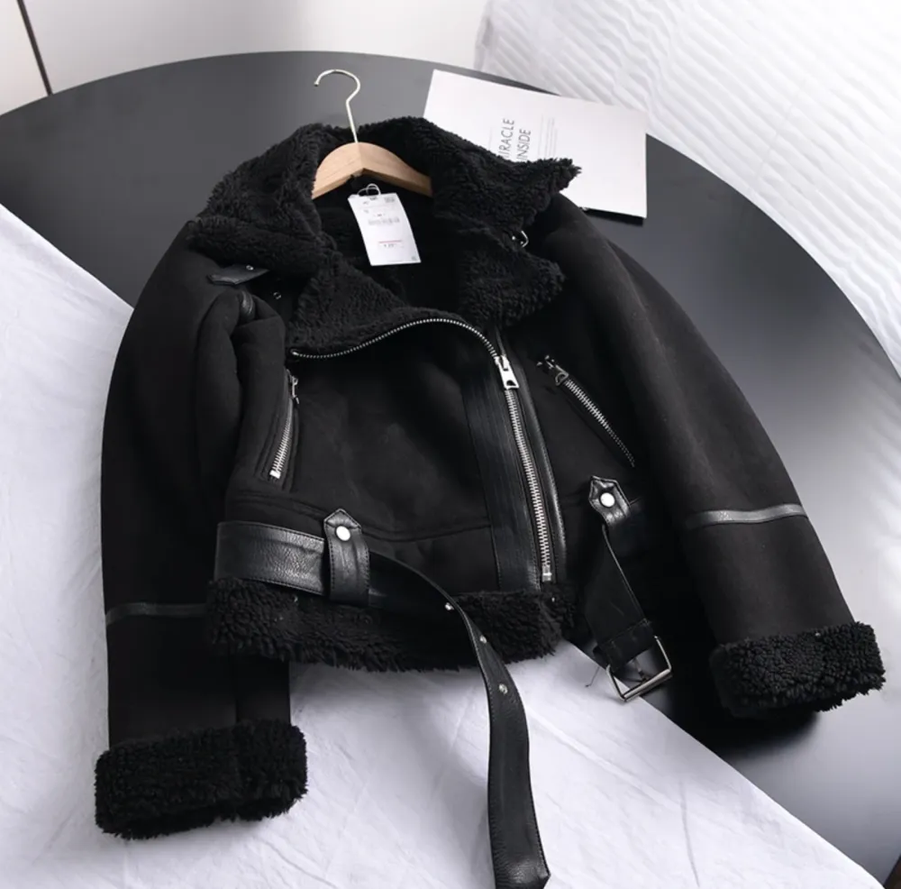 Polished Shearling-Lined Moto Jacket