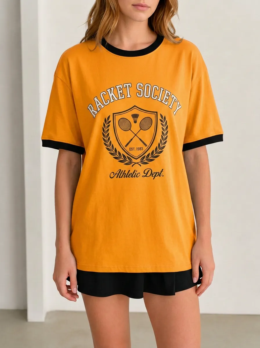 Women's Badminton Lover Racket Society Crest Printed T-shirt