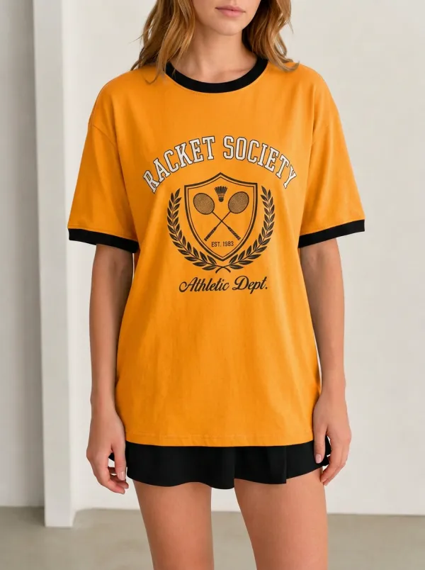 Women's Badminton Lover Racket Society Crest Printed T-shirt