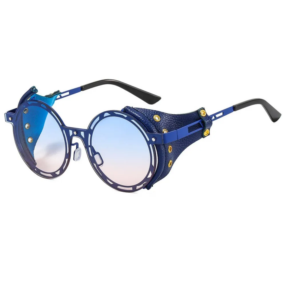 Metal Leather Round Sunglasses