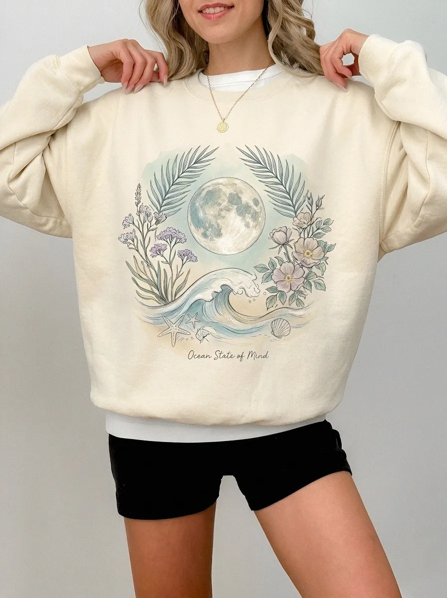 Women's Beach Lover Ocean State of Mind Moon Floral Printed Sweatshirt