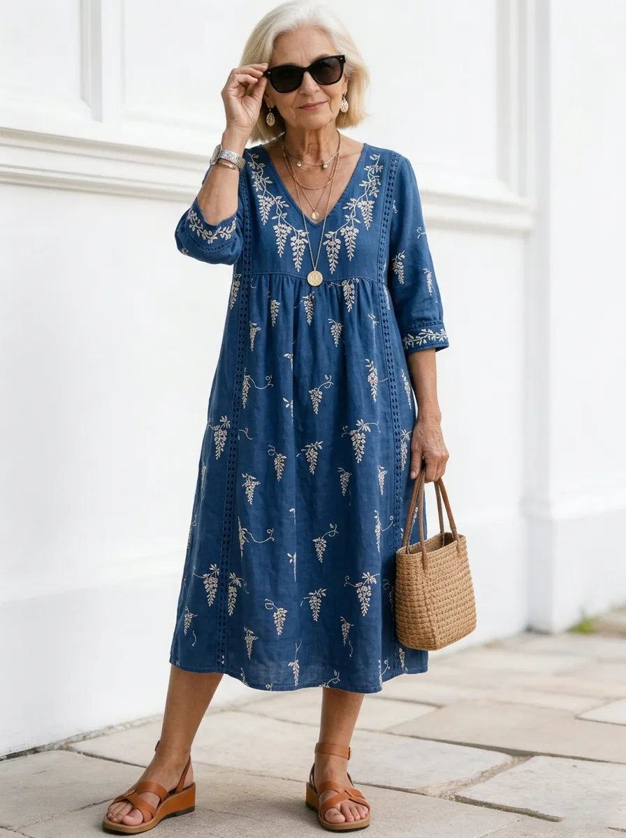 Women's Summer Vacation Floral Embroidery Printed Midi Dress