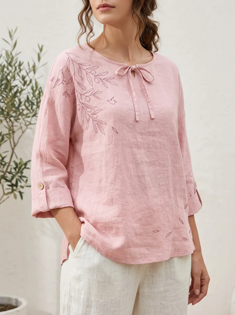 Women's Botanical Olive Branch Bird Printed Pink Cotton And Linen Blouse