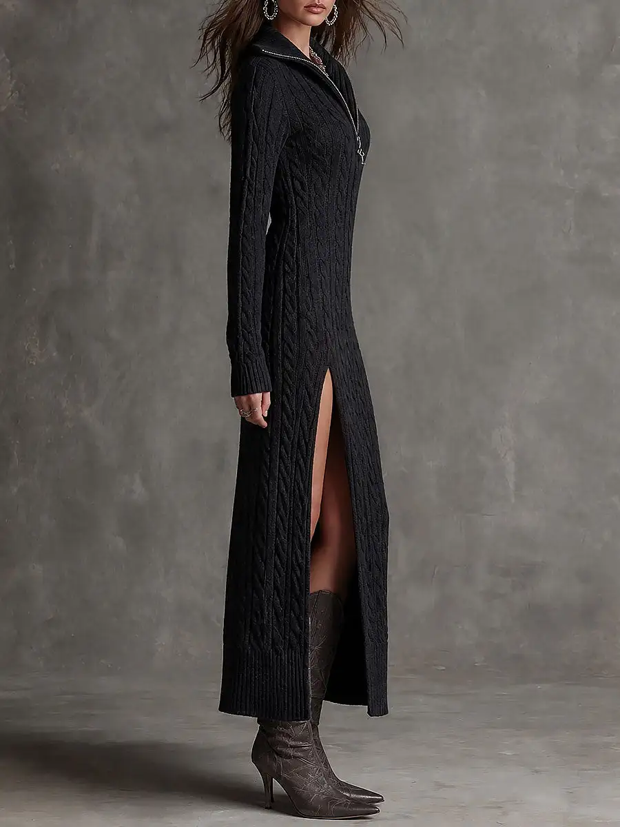 Boho Cable Knit Half-Zip Long Sleeve Slit Hem Maxi Dress