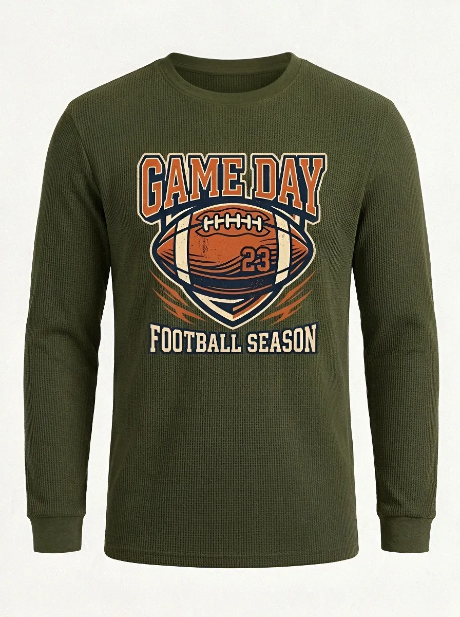 Men's American Football Game Day Printed Waffle Long Sleeve T-Shirt