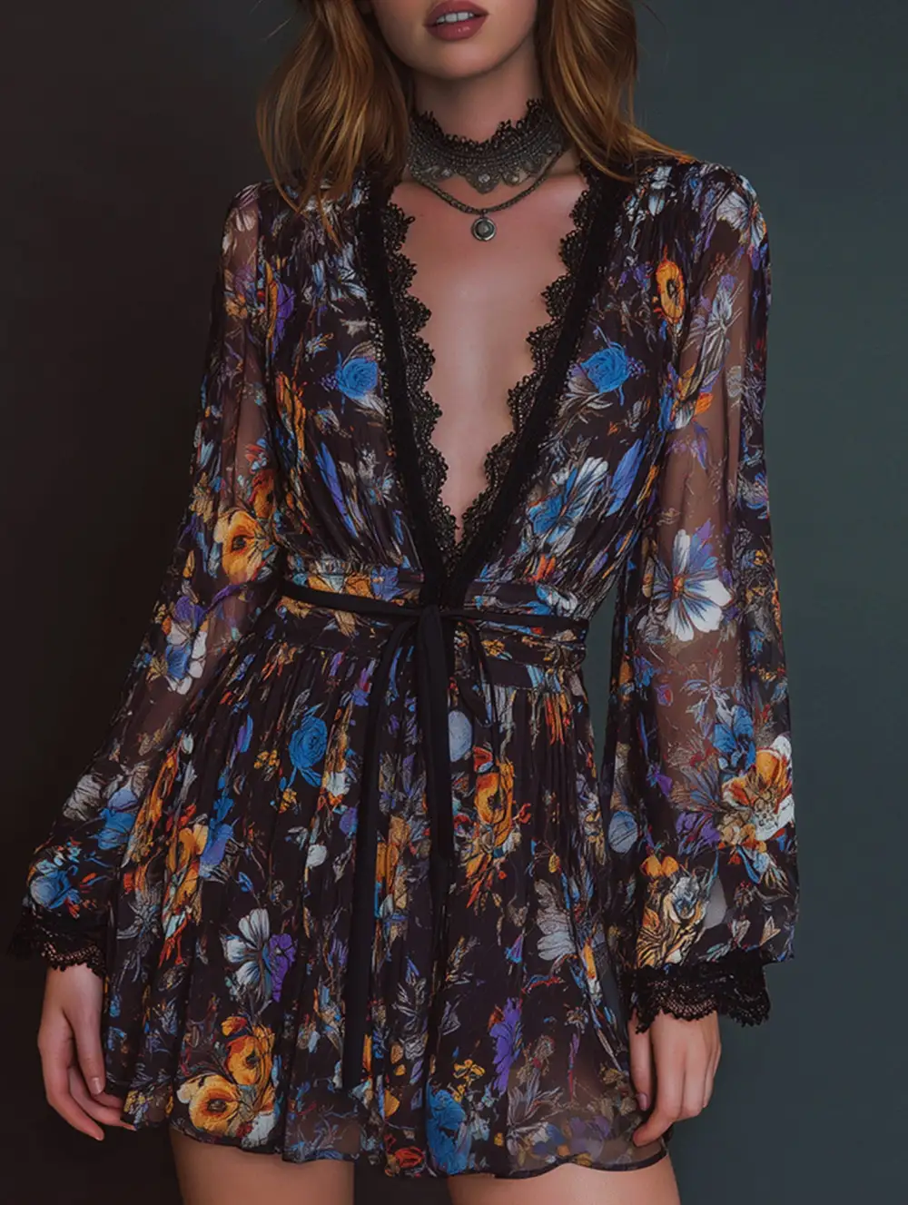 V Neck Organza Cinched Waist Mini Dress