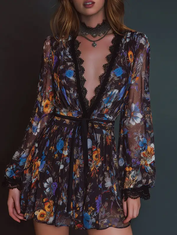 V Neck Organza Cinched Waist Mini Dress