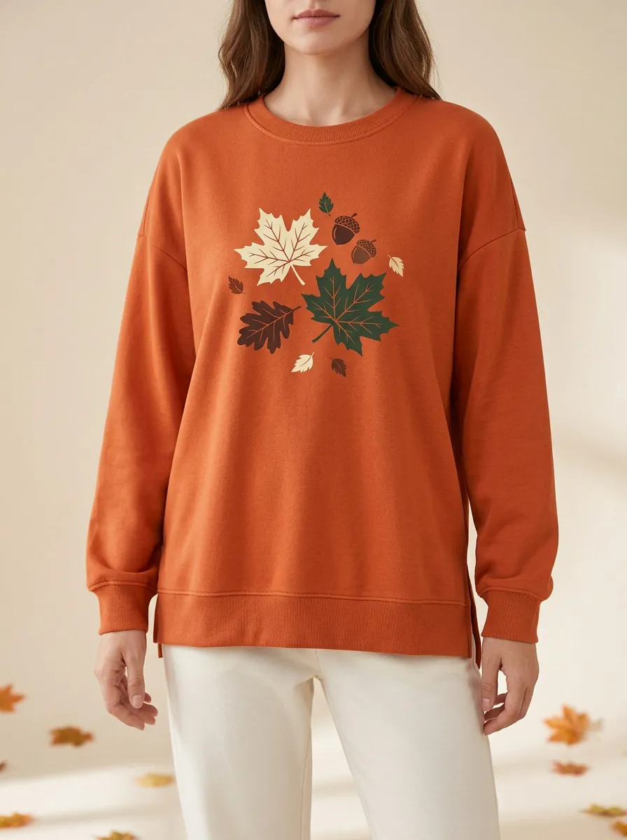 Outdoor-Inspired Maple-Leaf Printed Acorn Graphic Sweatshirt