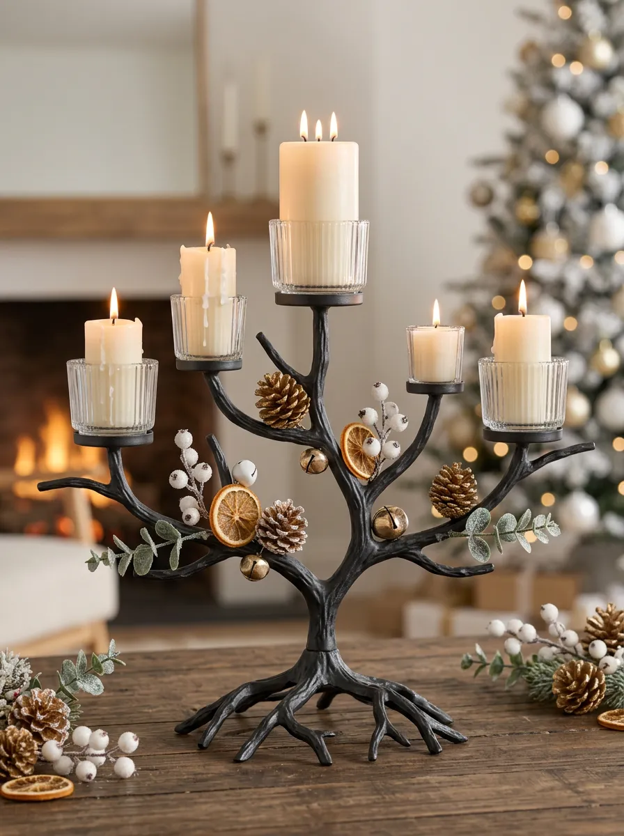 Tree Pinecone Berry Metal Candelabra