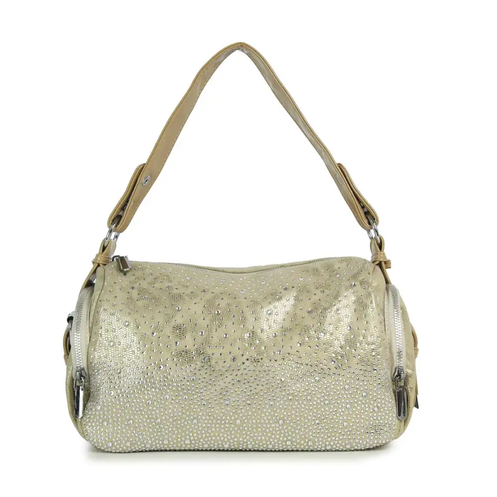 Timeless Detail Crystal Accent Pocketed Faux Leather Hobo Shoulder Bag