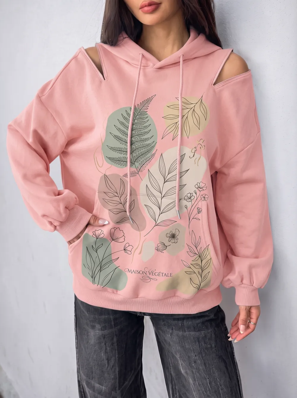 Women's Botanical Maison Vegetale Fern Leaf Printed Cold Shoulder Hoodie