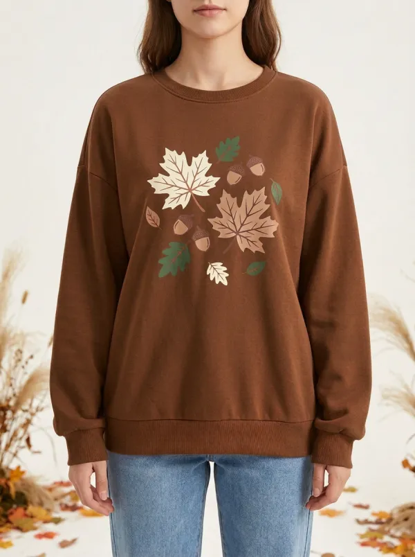 Layered Style Maple-Leaf Printed Acorn Graphic Sweatshirt