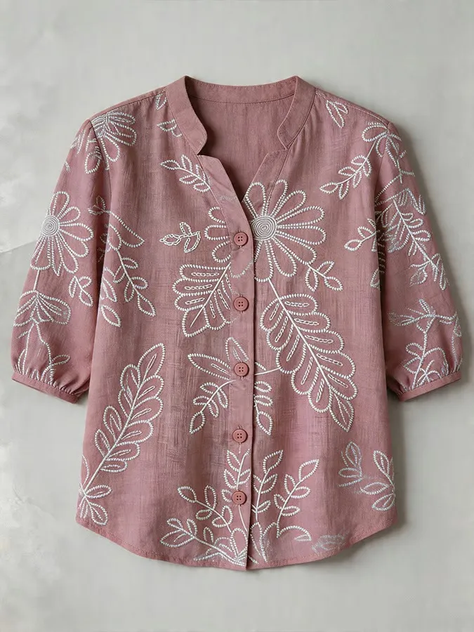 Women's Casual Short-Sleeve Positioning Print Cotton-Linen Top