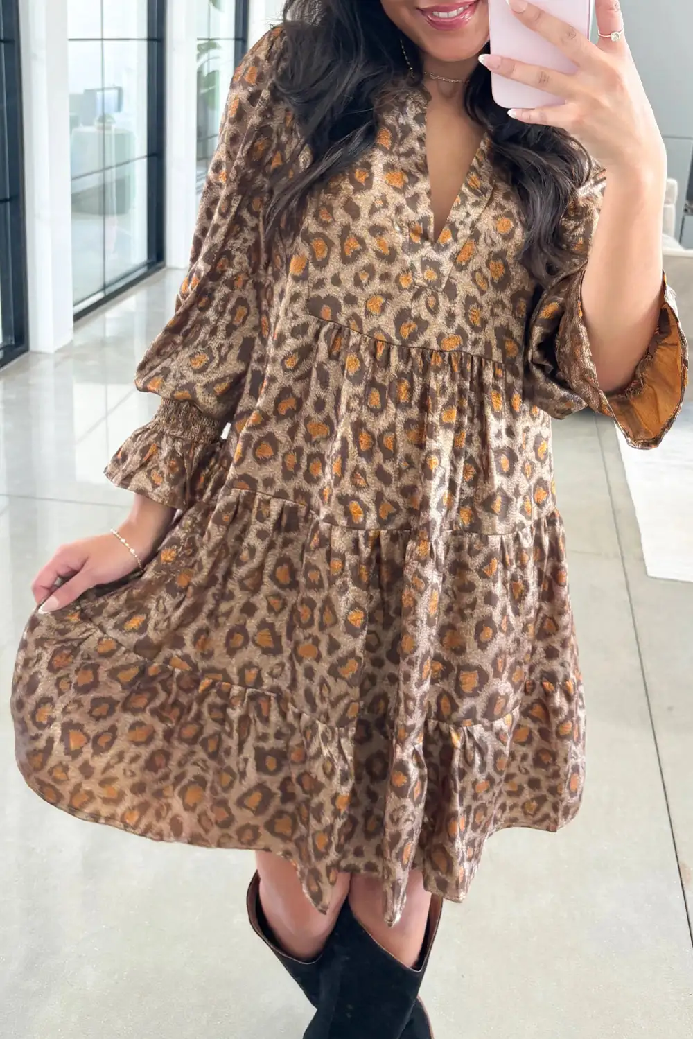 Animal Print V Neck Ruffle Mini Dress