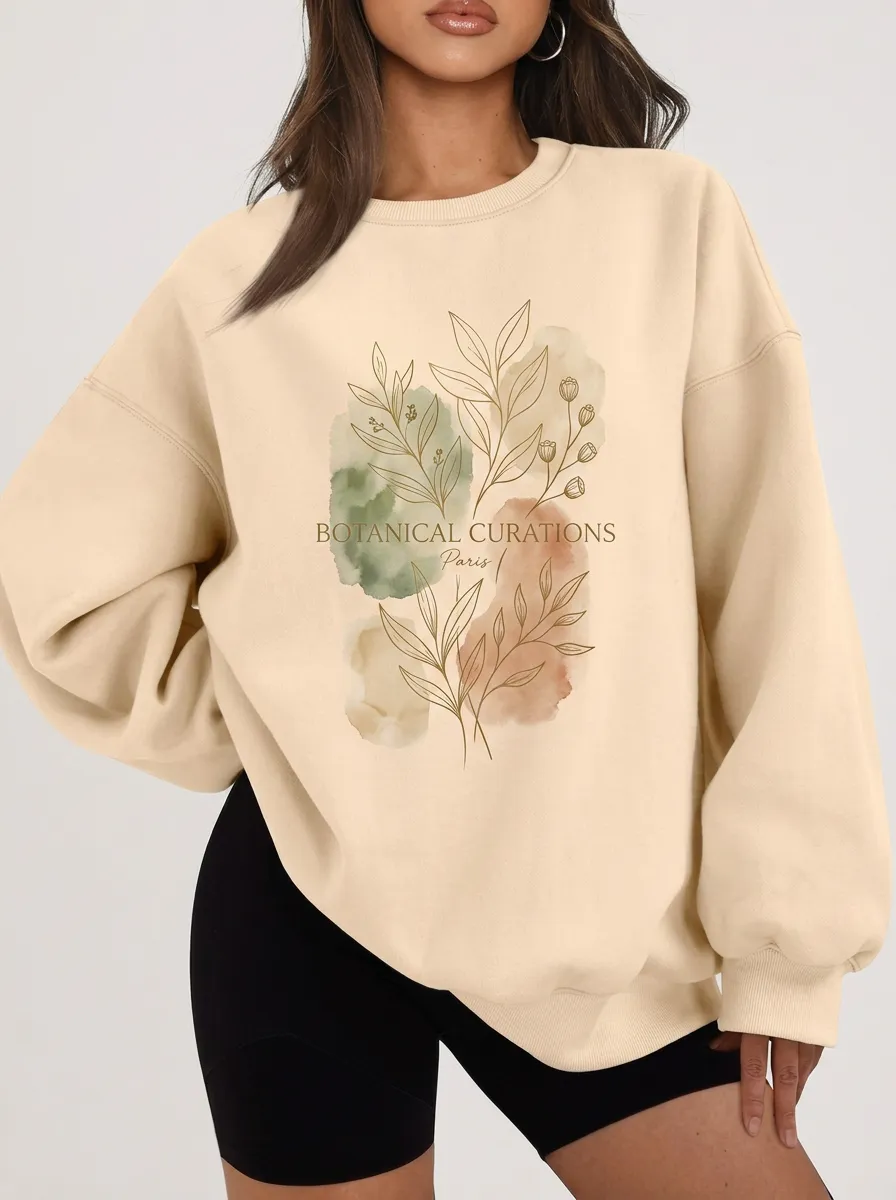 Women's Botanical Paris Watercolor Leaf Printed Sweatshirt
