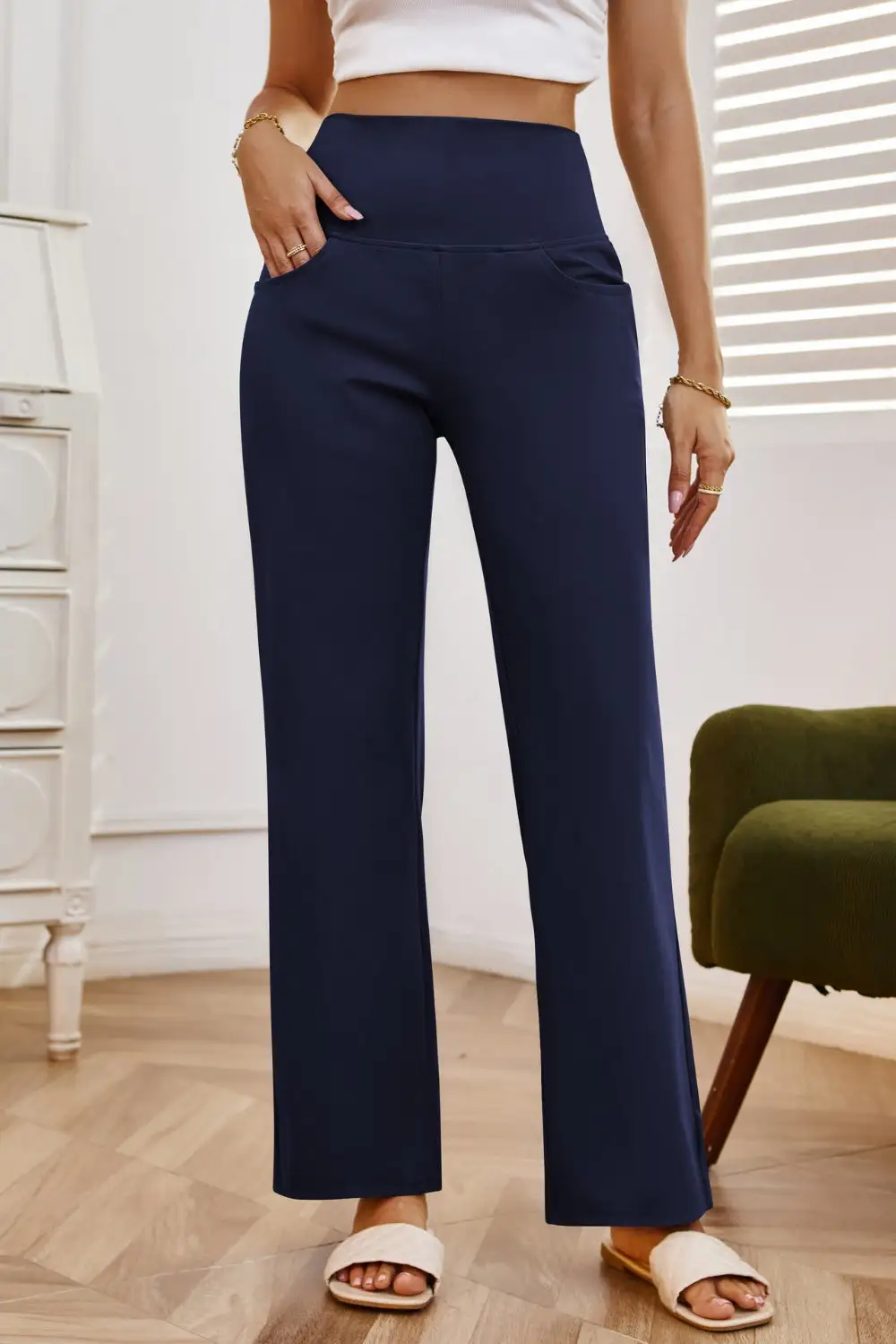 Relaxed High Waist Wide Leg Pants With Pocket