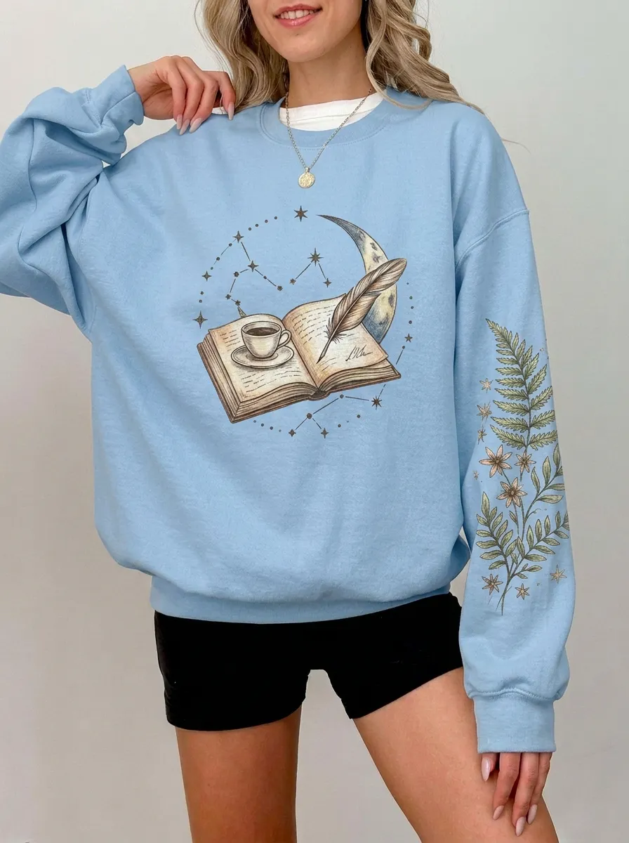 Women's Book Lover Coffee Moon Quill Fern Printed Sweatshirt