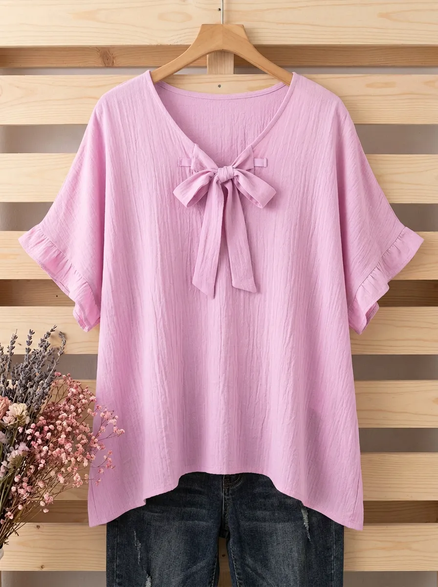 Women's V-neck Bow-detail High-low Hem Blouse