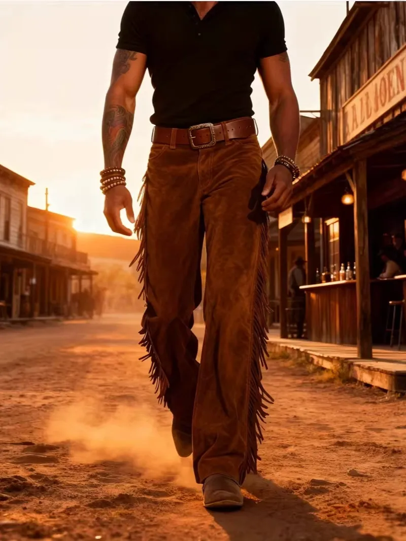 Men'S Retro Western Deerskin Velvet Fringed Wide Leg Pants