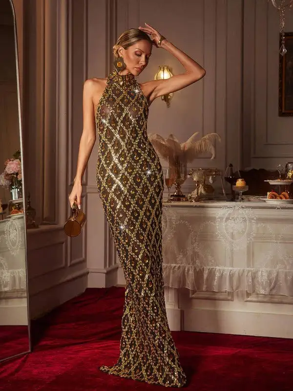 Liora Sequin Crystal Maxi Dress In Gold
