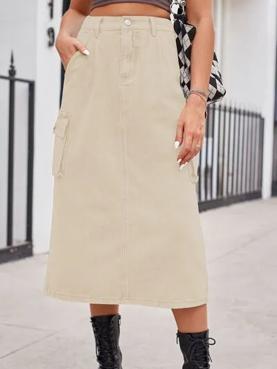 Relaxed Slit Buttoned Denim Pockets Skirt