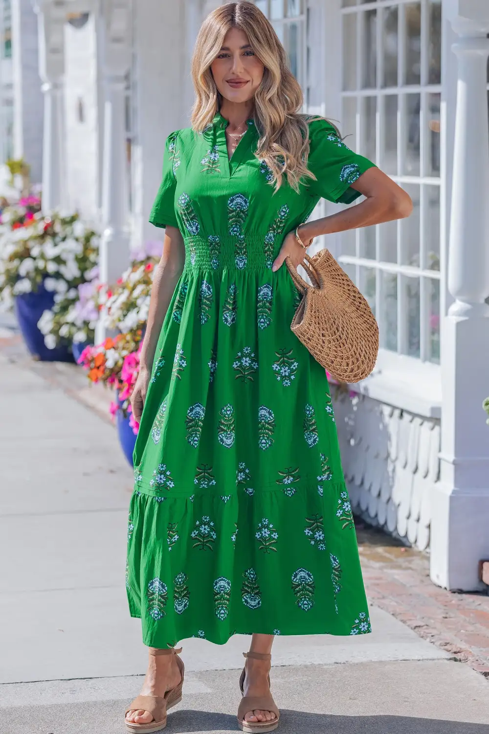 Clean Line Floral Printed Split Neck Maxi Dress