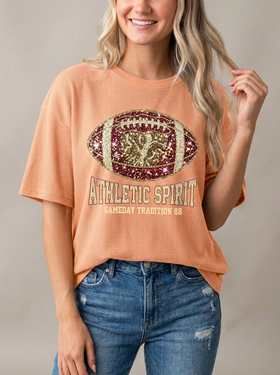 Women's Vintage Inspired Football Ball Sparkle Crew Neck Graphic T-Shirt