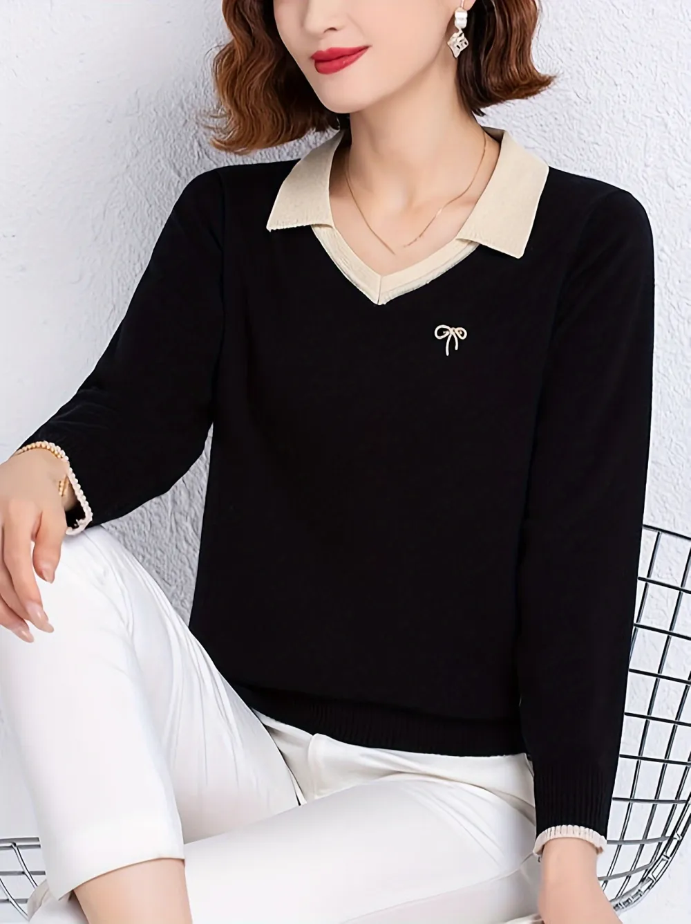 Notched Collar Knitted Sweater Casual Long Sleeve
