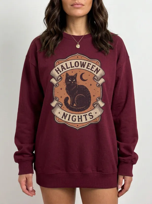 Women's Halloween Nights Black Cat Moon Printed Sweatshirt