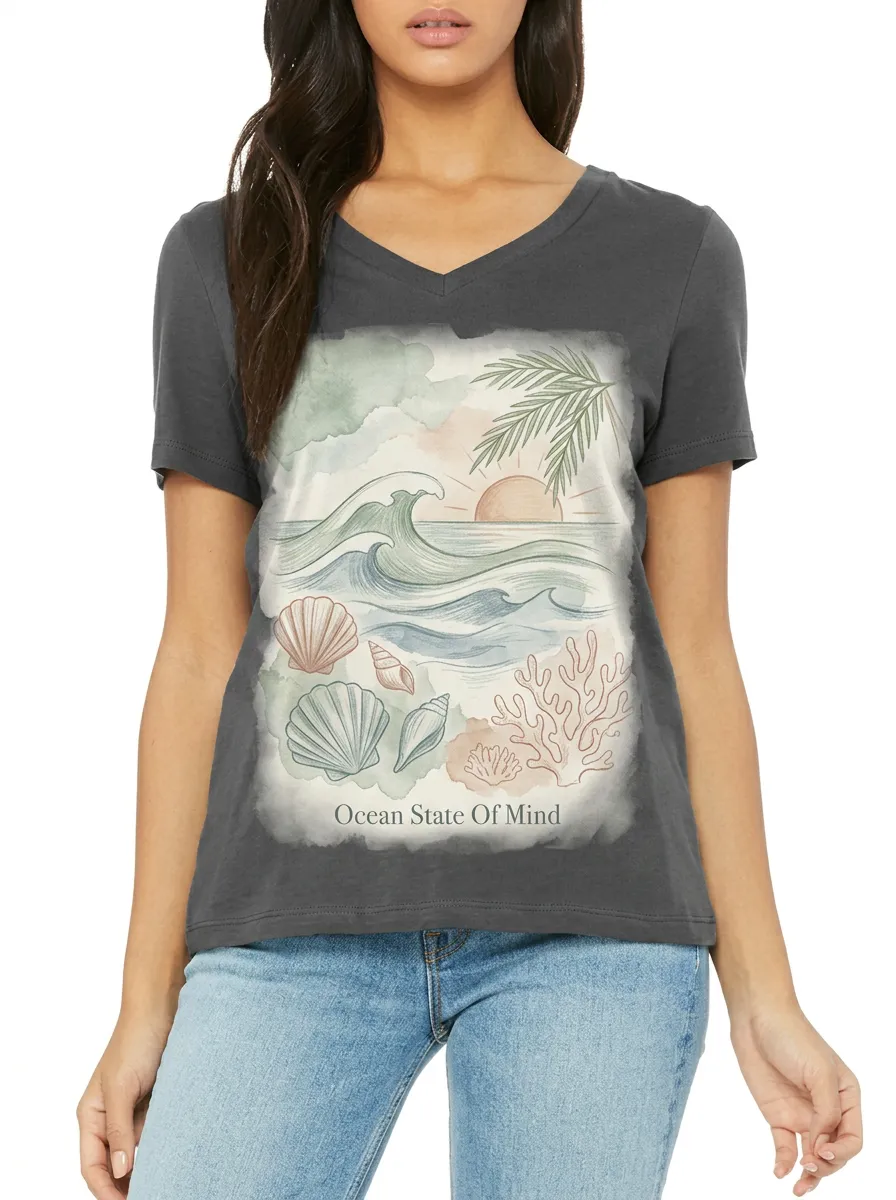 Women's Beach Lover Ocean State Of Mind Watercolor Printed V-neck T-shirt