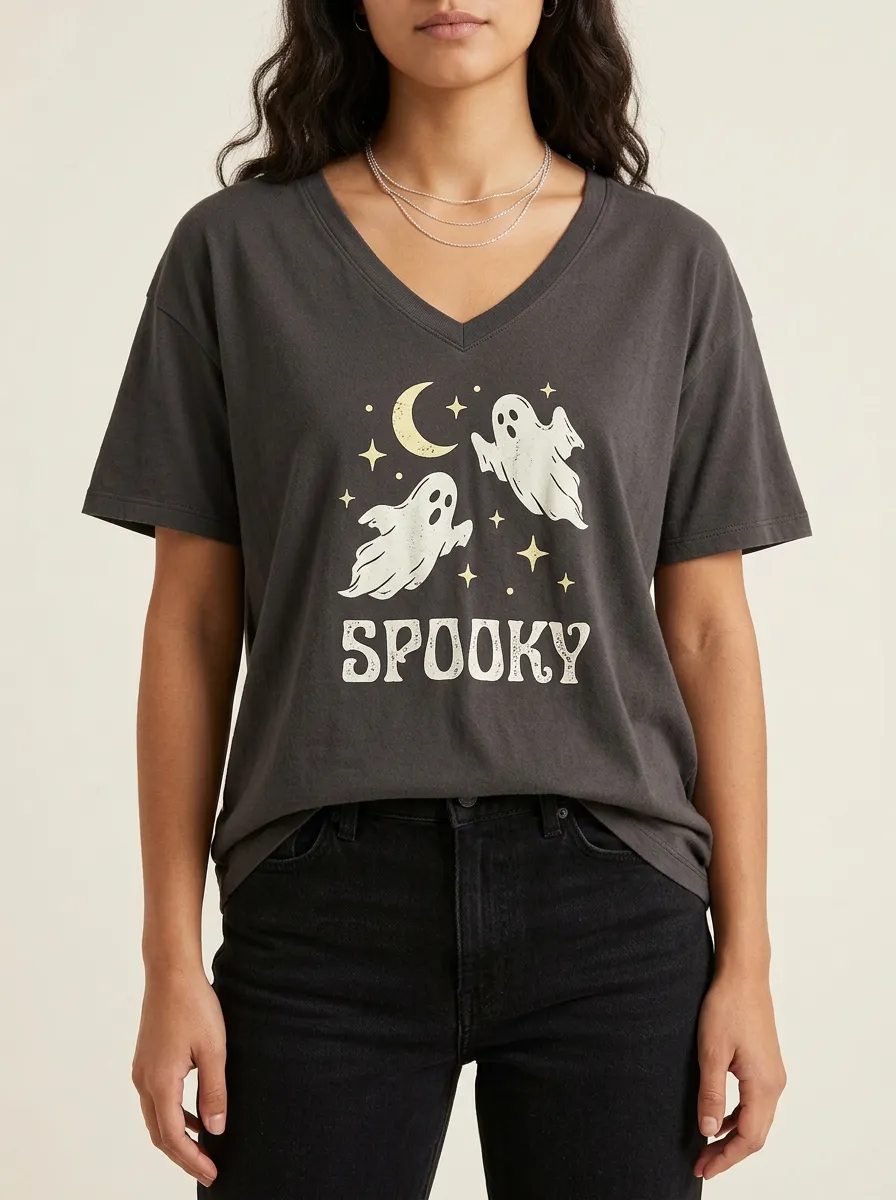 Women's Halloween Spooky Ghost Moon Stars Printed V-neck T-shirt