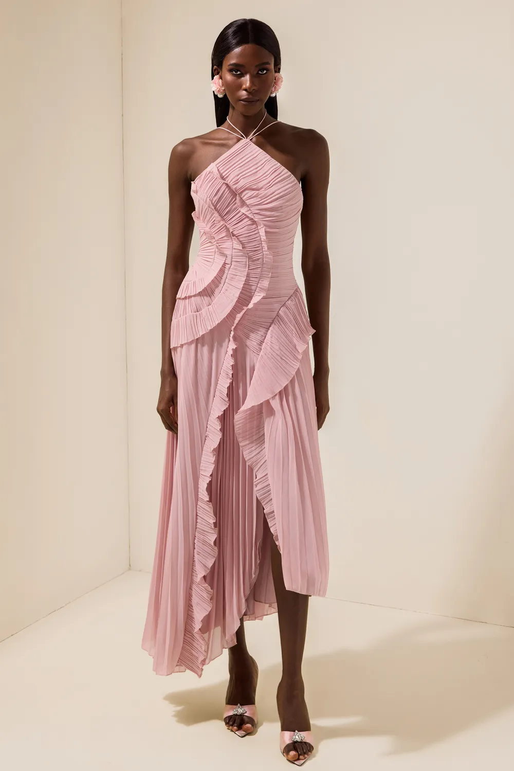 Pleated Frill Halter Neck Midi Dress