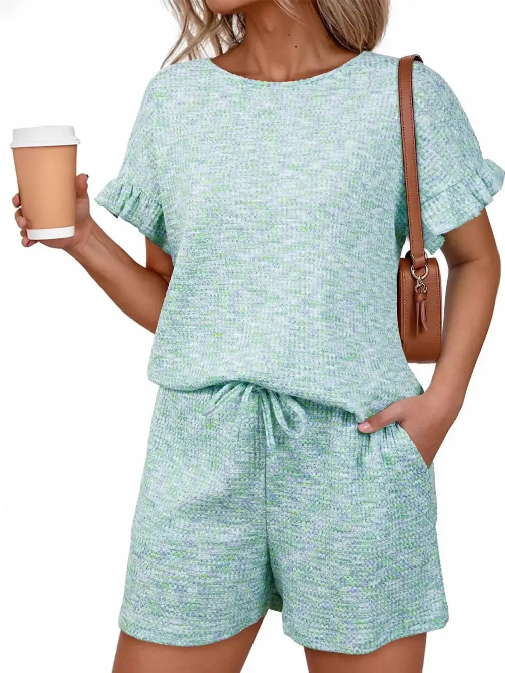 Ruffle Sleeve Textured Top Shorts Set