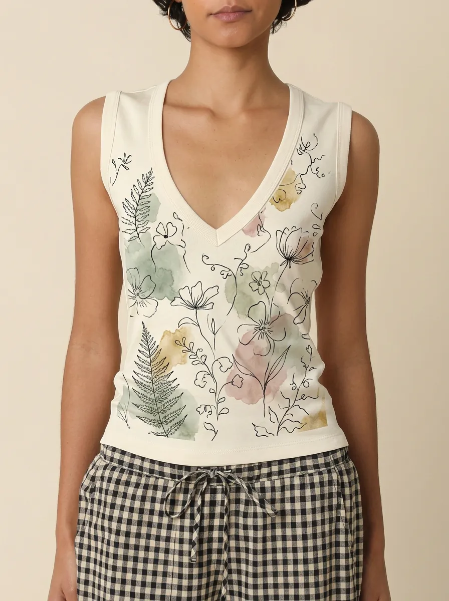 Women's Botanical Art Watercolor Floral Printed V-neck Tank Top