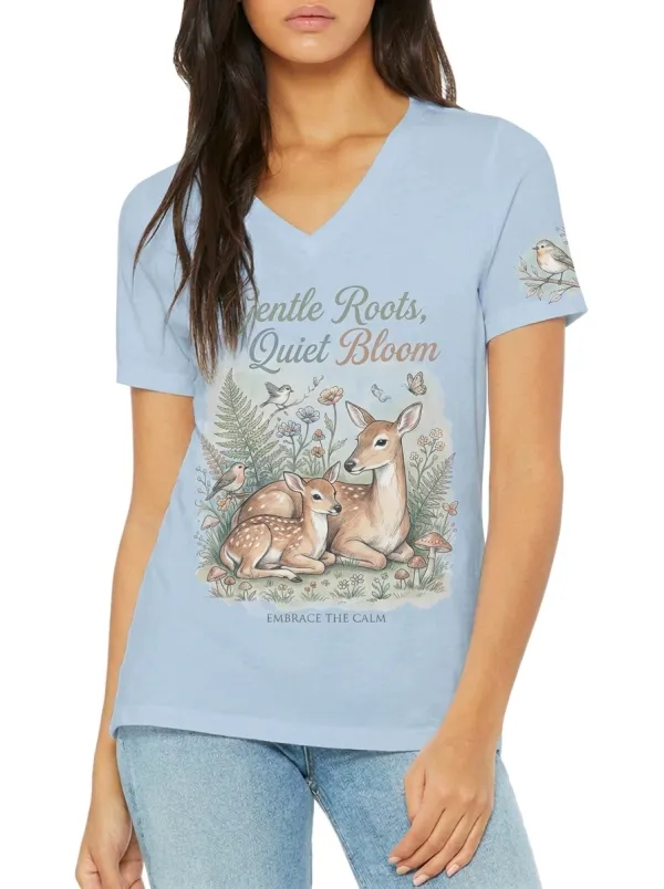 Women's Nature Lover Deer Forest Floral Printed V-neck T-shirt